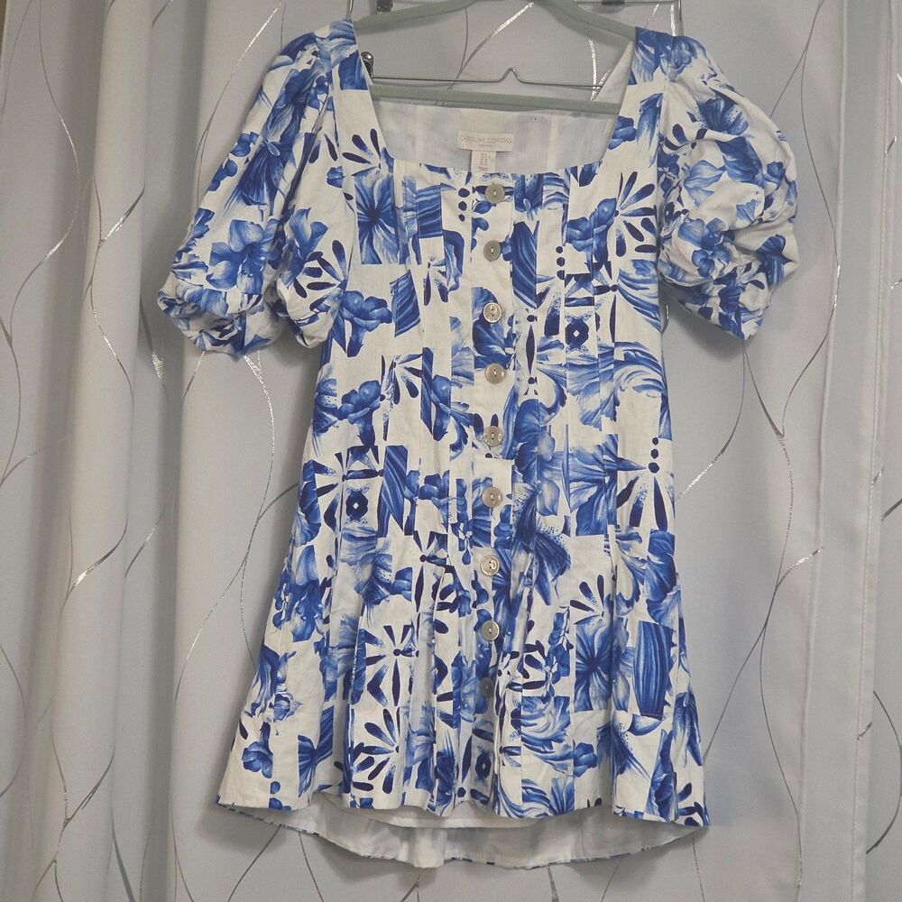 Caroline Constas Linen Blend Puff Sleeve Fit-and-Flare Mini Dress NWTs Size 6